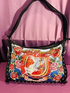 Ed Hardy DEAD Or ALIVE Tattoo Floral Large Shoulder Bag with Black Trim